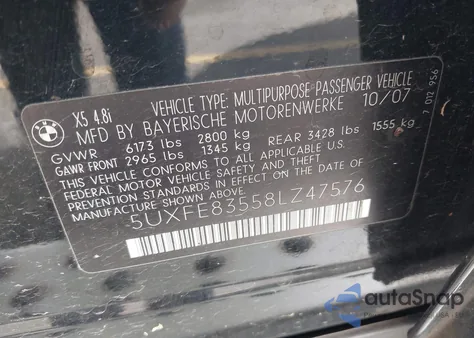 2008 BMW X5 4.8I из США, поврежденный, VIN 5UXFE83558LZ47576